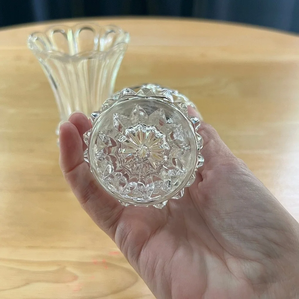 Vintage Crystal Bud Vases Pair Scalloped Flared Tulip Diamond Cut Glass 5.25in